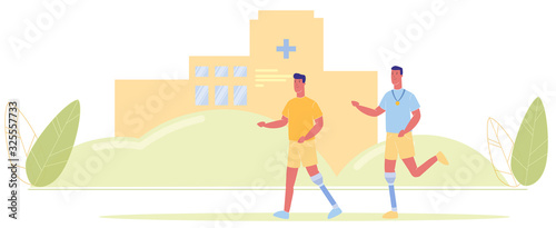 Cartoon Men with Prosthetic Leg Run Vector Illustration. Man with Prosthetic Sport Training. Medical Rehabilitation Center Building. Handicapped Disabled Person Hospital, Clinic Recovery, Rehab