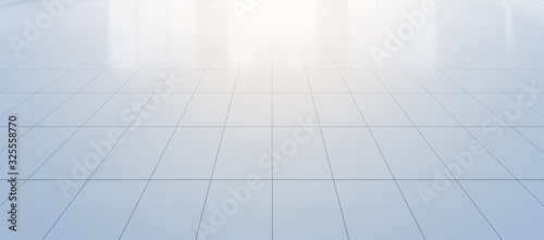 White tile floor background in perspective view. Clean, shiny and symmetry with grid line texture. For decor bathroom, kitchen and laundry room. And empty or copy space for product display. 3d render.