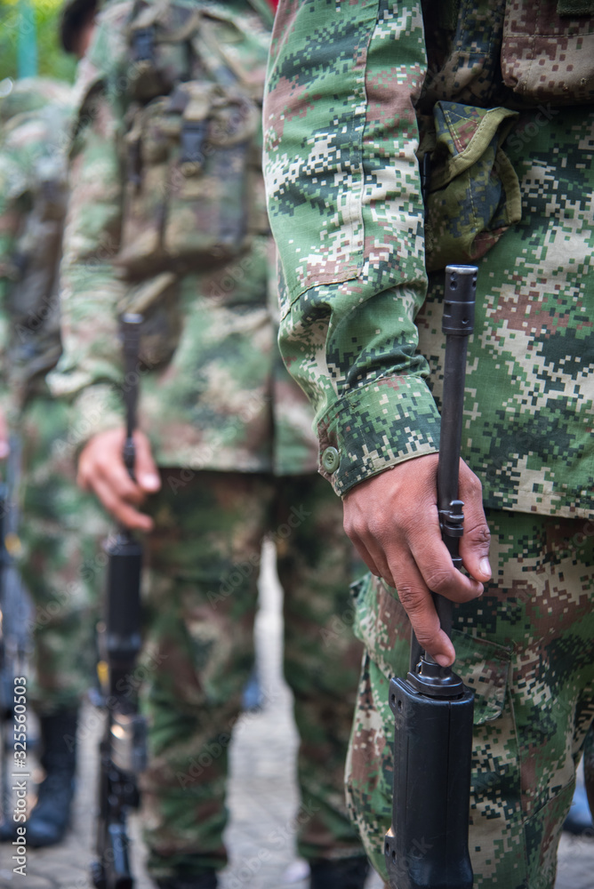 Colombian Army soldier in formation with camouflage uniform. Colombia.
