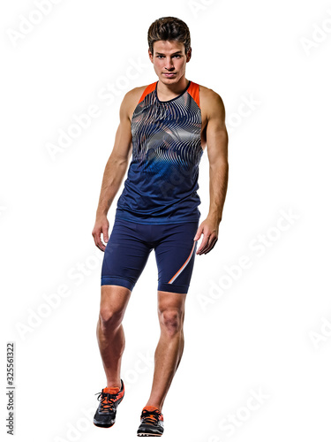 young man athletics runner running sprinter sprinting isolated white background © snaptitude