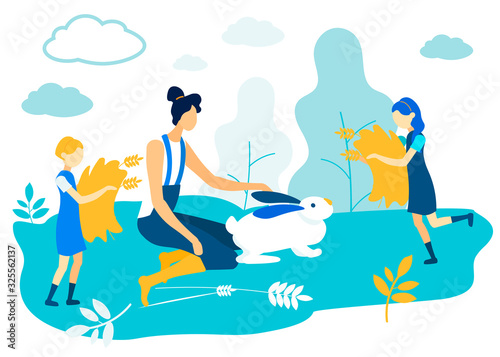Woman Jumpsuit Ironing White Hare on Field. Girls with Sen in Hands. Vector Illustration. People on Farm. Farm Business. Family Rest Together in Garden. Woman with Two Children in Village.