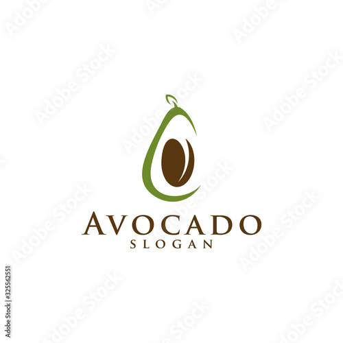 Avocado fruit logo template. Avocado half with leaf vector design. Health food logotype for download