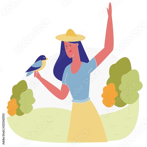 Woman Spending Time in Animal Park. Girl Character Having Outdoors Leisure in Open Air Zoo Feeding Birds on Beautiful Landscape Background, Nature Sparetime, Vacation. Cartoon Flat Vector Illustration