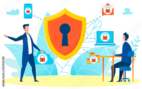 Boss Giving Briefing on Security Illustration. Manager Talking About Internet Safety in Workplace Cartoon. Company Policies About Online Presence, Rules of Web Surfing During Work Hours Vector