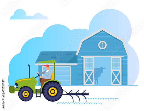 Gardener, Farmer or Worker Character Driving Tractor, Caring for Garden, Growing Agricultural Products on Gardening Wooden Barn Background Agrarian Industry Occupation Cartoon Flat Vector Illustration