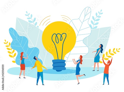 Informational Banner Promotion Idea Cartoon Flat. Complex Internet Promotion Tasks. Close Up Big Glowing Light Bulb, around Man and Girl. Productive Business Idea. Vector Illustration.