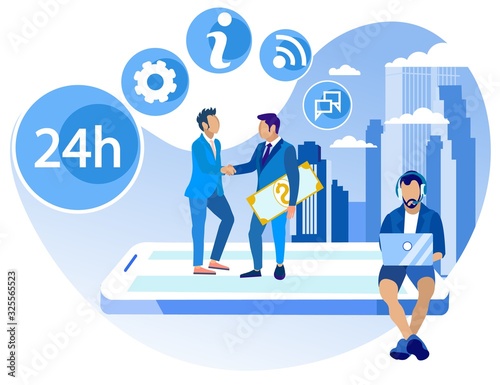 Banner Implementation Plan in Call Center Flat. Operator Daily Arrive at Work in Advance. Man in Business Suit is Holding Large Bill. Guy is Sitting on Platform with Laptop. Vector Illustration.
