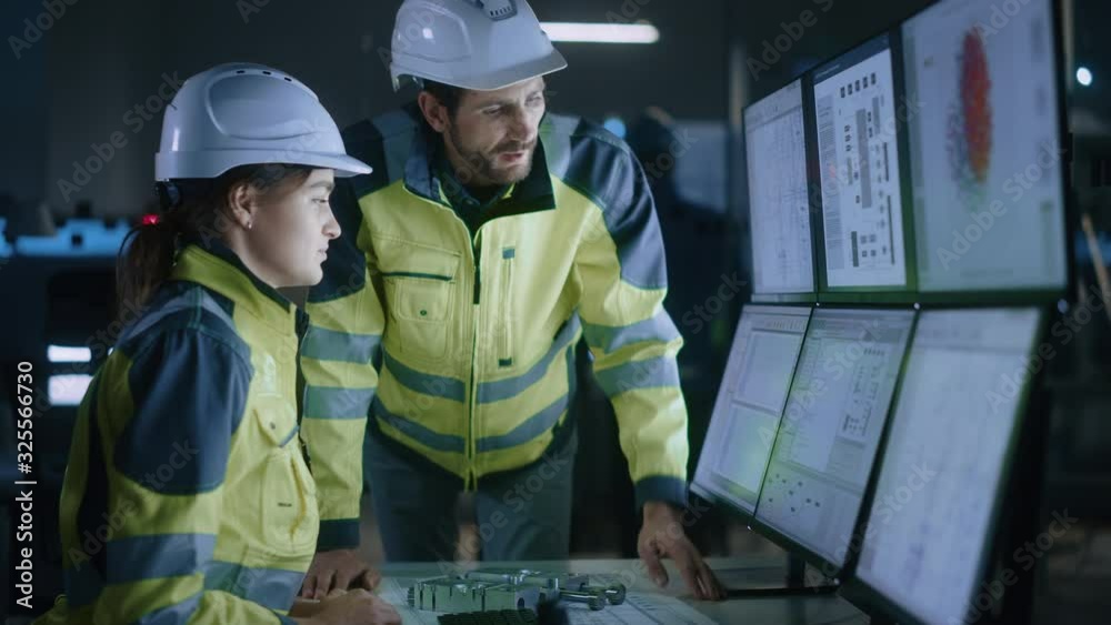 Industry 4.0 Modern Factory: Project Engineer Talks to Female Operator who Controls Facility Production Line, Uses Computer with Screens Showing AI, Machine Learning Enhanced Assembly Process