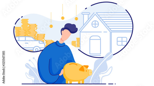 Brunet, Wearing Blue Sweater, Counting His Money, Thinking About Big Purchases, Such as House and Car. Young Man with Piggy Bank, Thinking That Hardest Thing About Saving Is Getting Started.