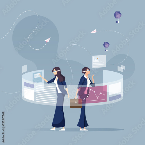 Businesswoman in VR headsets analyzing virtual reports