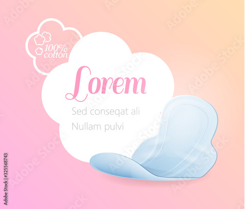 Advertisement with Feminine Soft Pad from Cotton and Promo Text in Flower Form Place. Hygienic Chamomile Product for Monthly Protection from Menstruation Leakage. Print Vector 3d Illustration