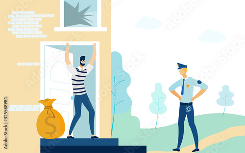 Policeman in Uniform Looking at Robber or Burglar near Broken with Big Money Bag House Flat Cartoon Vector Illustration. Cop Arresting Thief Standing with Hands up. Detention of Criminal.