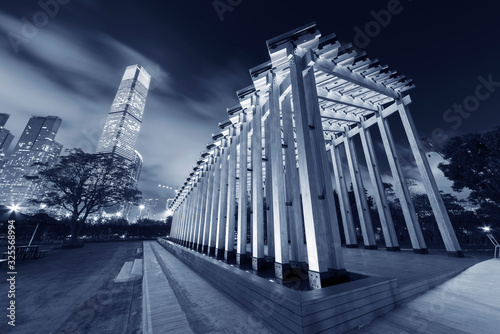 Photography Pavilion in public park and Skyline of Hong Kong city at night