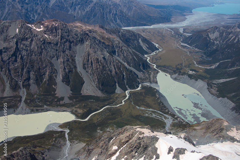Aerial view of Hooker Lake,Mueller Glacial Lake and Lake Pukaki in Mount Cook National Park on South Island of New Zealand