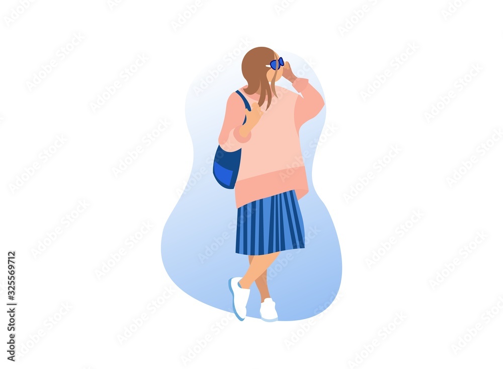 Stylish Woman with Glasses on White Background. Exhibition Center. Vector Illustration. Walk Through Museum. Visit Exhibition. Clothes Pastel Tone. Art Gallery. Watch Exclusive Exhibit. View from Back Stylish Woman with Glasses on White Background. Exhibition Center. Vector Illustration. Walk Through Museum. Visit Exhibition. Clothes Pastel Tone. Art Gallery. Watch Exclusive Exhibit. View from Back
