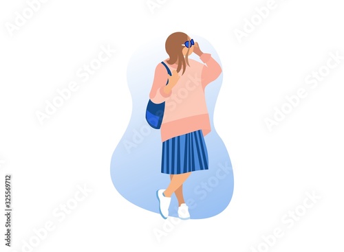 Stylish Woman with Glasses on White Background. Exhibition Center. Vector Illustration. Walk Through Museum. Visit Exhibition. Clothes Pastel Tone. Art Gallery. Watch Exclusive Exhibit. View from Back