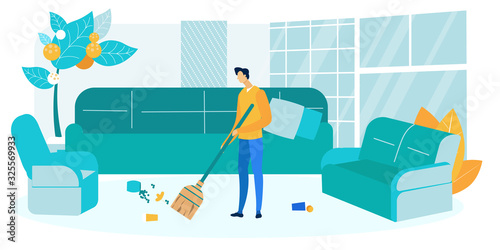 Guy Sweeping Living Room Flat Vector Illustration. Young Man Holding Broom Cartoon Character. After Party Mess Cleaning, Celebration Evening Aftermath. Household Chores, Housework, Domestic Work