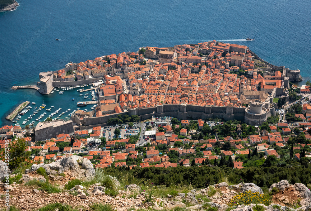 Panoramic view of the walled city of Dubrovnik in Croatia from Srd hill.