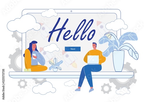 Hello Page with People Cartoon Characters Working Together on Laptop Screen Background. Call Center, Technical Support or Customer Assistance. Business Promotional Welcoming. Flat Vector Illustration.