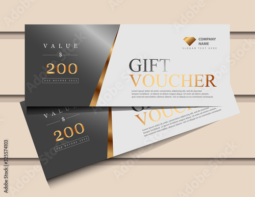 Gift voucher template with glitter gold luxury elements. Vector illustration. Design for invitation, certificate, gift coupon, ticket, voucher. photo