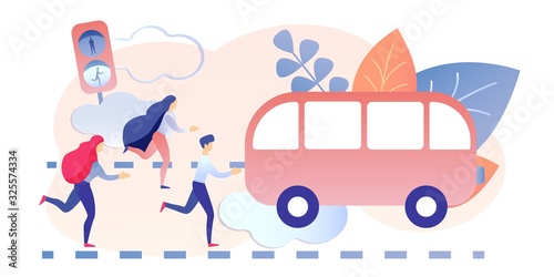 Cartoon People Run to Bus Leaving Vector Illustration. Man Woman Catch up Car, Hands in Pray Gesture. Traffic Light CIty Transportation. Male female Office Worker Late for Work Concept