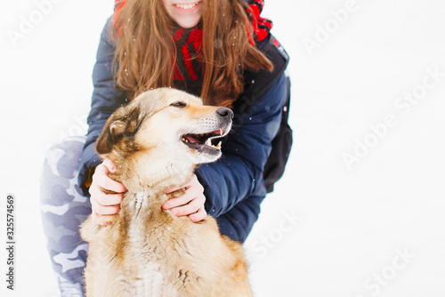 Girl playing with a mongrel dog in the snow in winter.