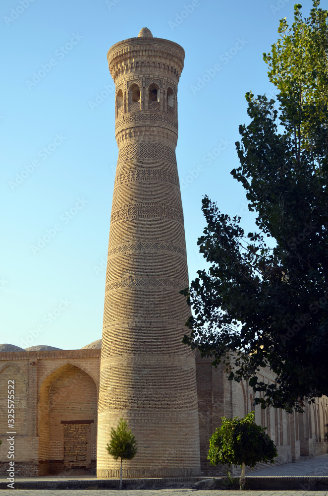 Intricately textured minaret in Bukhara