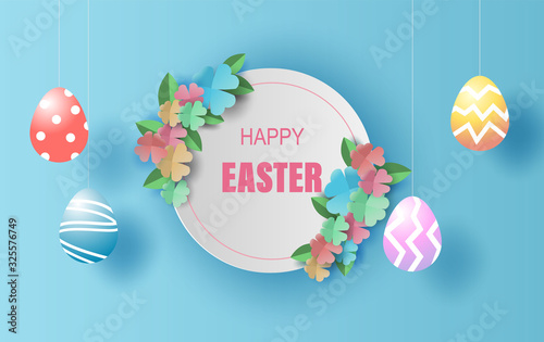 Easter day background.Creative paper art and craft style.Frame circle for your text banner and poster.Origami paper concept card.Plant flower colorful pastel color.vector illustration.Spring season