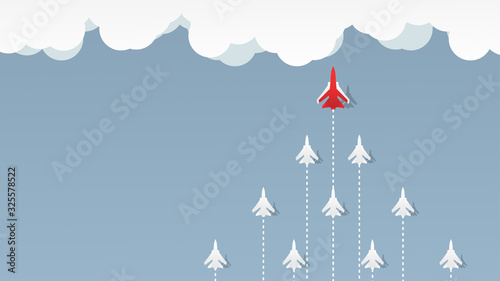 Red jet airplane leading white jets in form of arrow shape flying to clouds on blue sky.Art style of business teamwork creative concept idea.Vector illustration
