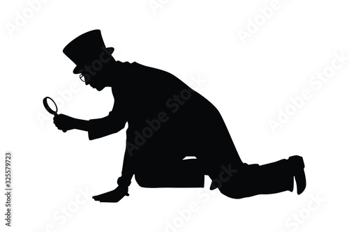 Spy man with magnifying glass silhouette vector