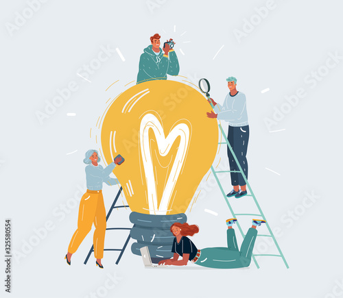 Developing New Ideas. Tiny people characters around big light bulb