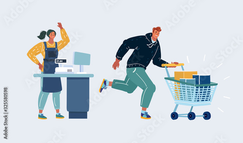 Cashier in the apron and buyer paid purchase.