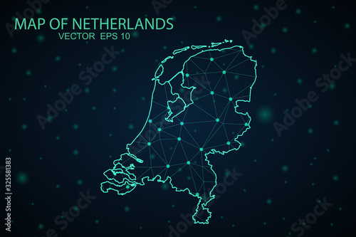 Map of Netherlands. Wire frame 3D mesh polygonal network line, design sphere, dot and structure. communications map of Netherlands. Vector Illustration EPS10.