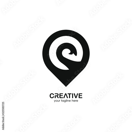 Free Download abstract logo with location icon design and elephant trunk illustration combined into a unique and simple symbol. black texture. modern  - GFXLoad