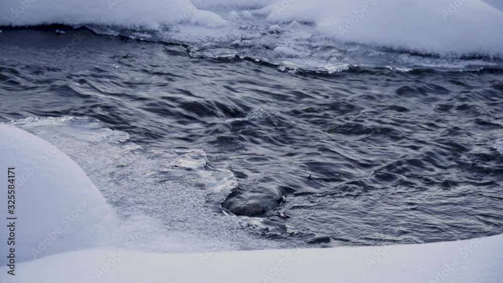 Dark cold water flows among snow and ice. Stream in a snowy forest. Dark cold water flows among snow and ice. Stream in a snowy forest.