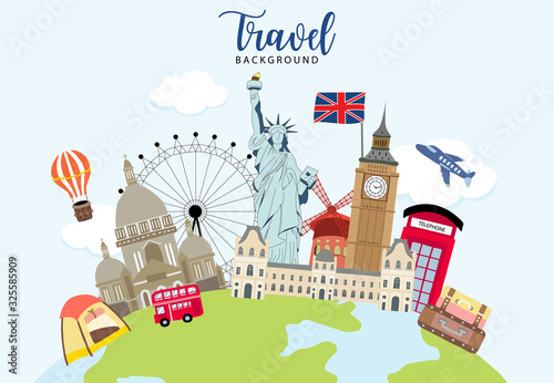Travel to world background set in europe,america.Editable vector illustration for website, invitation,postcard and sticker.include wording enjoy your journey, adventure time