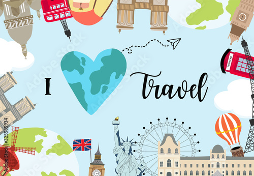 Travel to world background set in europe,america.Editable vector illustration for website, invitation,postcard and sticker.include wording enjoy your journey, adventure time