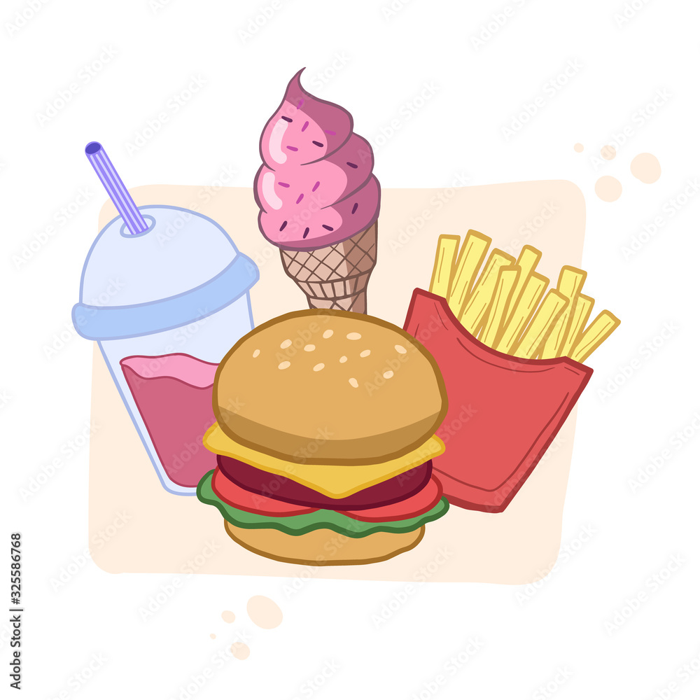 Fast food. Hamburger, drinks, french fries and ice cream. Vector color illustration. Combo fast food.