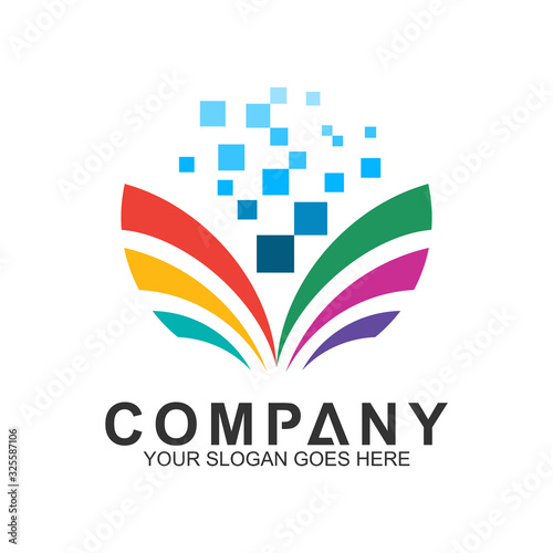 digital book with pixel motion shape, education logo template