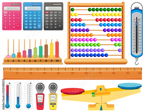 Large set of different measurement tools on white background