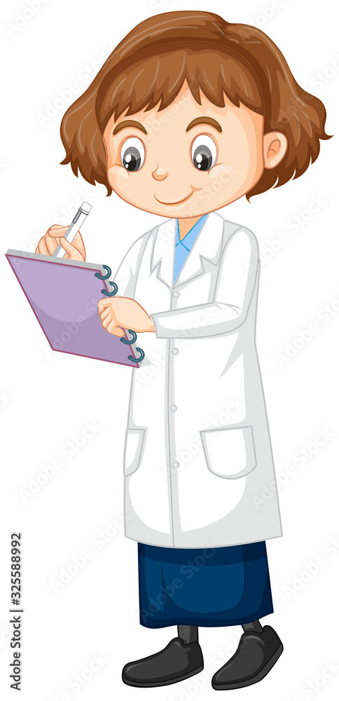 Girl in science gown standing on white background