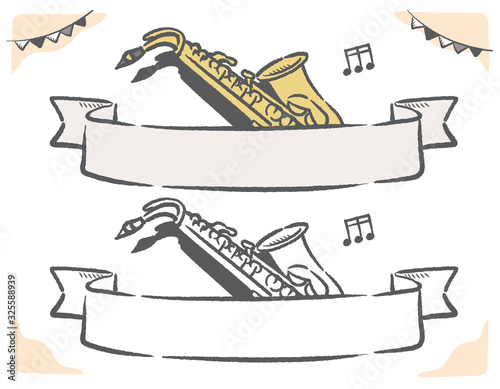 楽器のイラストを使った、音楽がテーマのラベル、バナー素材