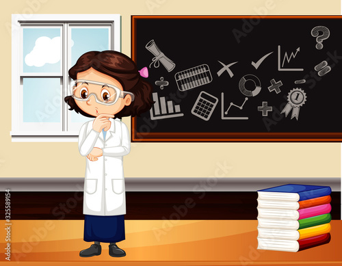 Classroom scene with science student standing by the board