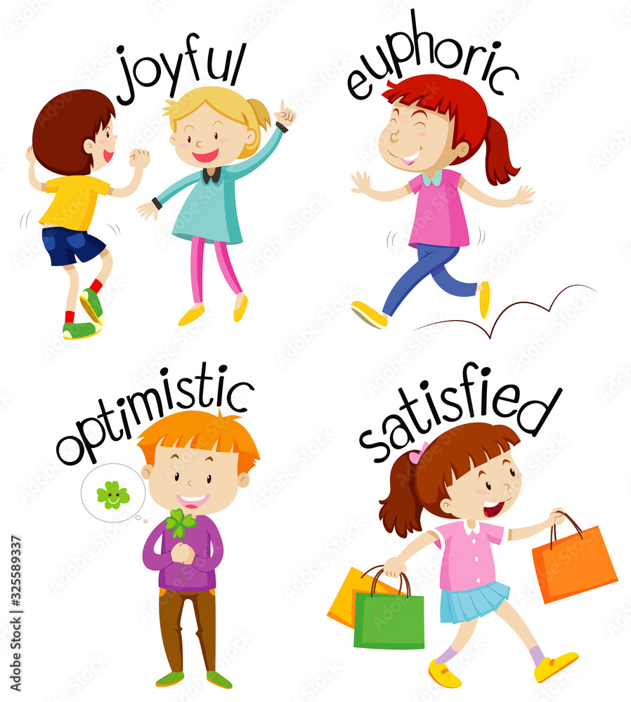 Set of children doing activities with adjectives Set of children doing activities with adjectives