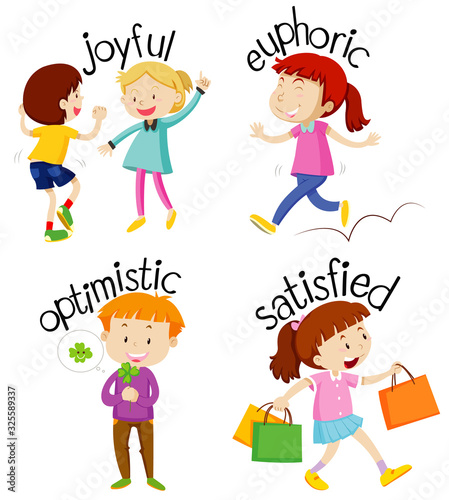 Set of children doing activities with adjectives