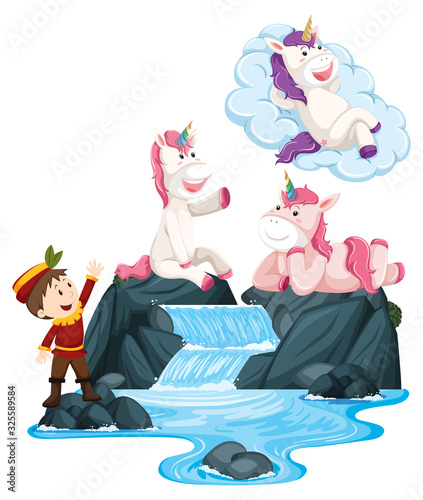 Scene with prince and two unicorns by the waterfall