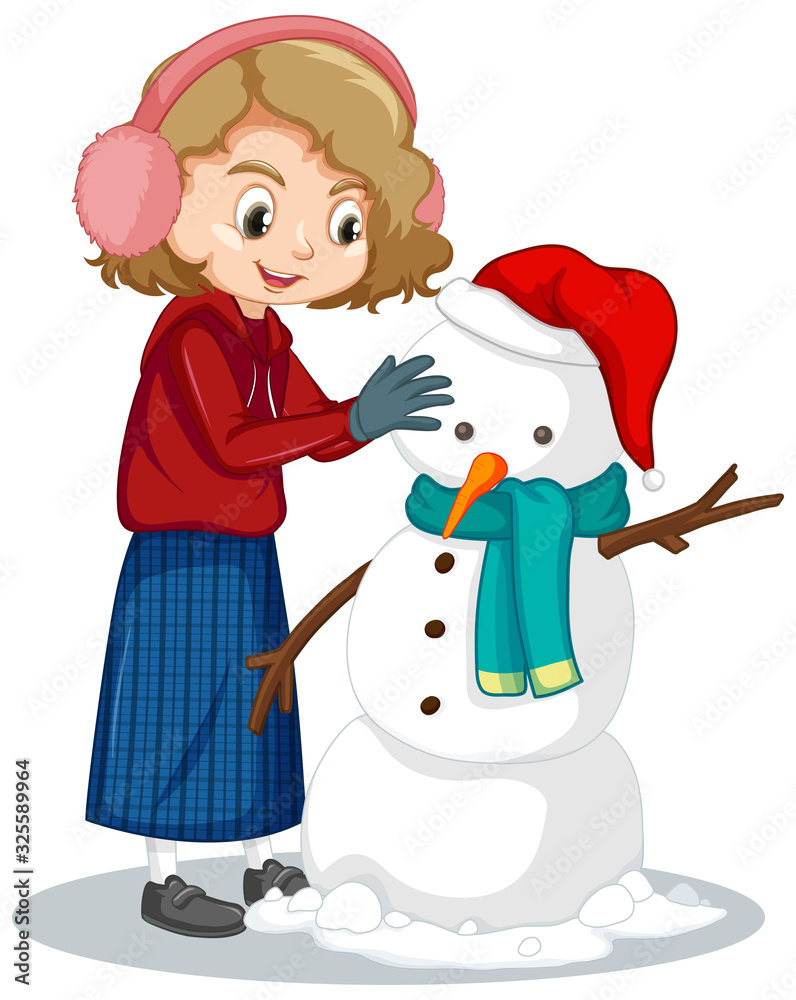 Cute girl making snowman on white background Cute girl making snowman on white background
