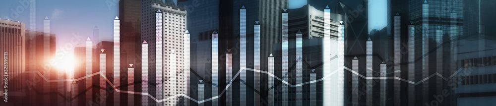 Modern Business Finance Chart Overlaid on Hong Kong Skyline at Night. Up and down arrow. Modern Business Finance Chart Overlaid on Hong Kong Skyline at Night. Up and down arrow.