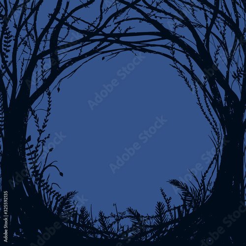 Hand drawn enchanted forest. Vector halloween frame on blue background