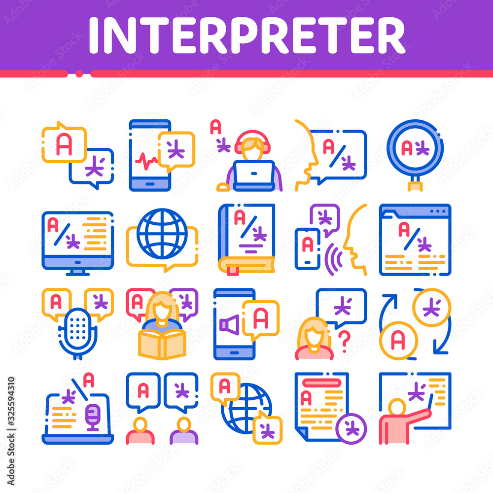 Interpreter Translator Collection Icons Set Vector. Interpreter In Smartphone And Web Site, Laptop And Microphone, Language Linguist Concept Linear Pictograms. Color Illustrations